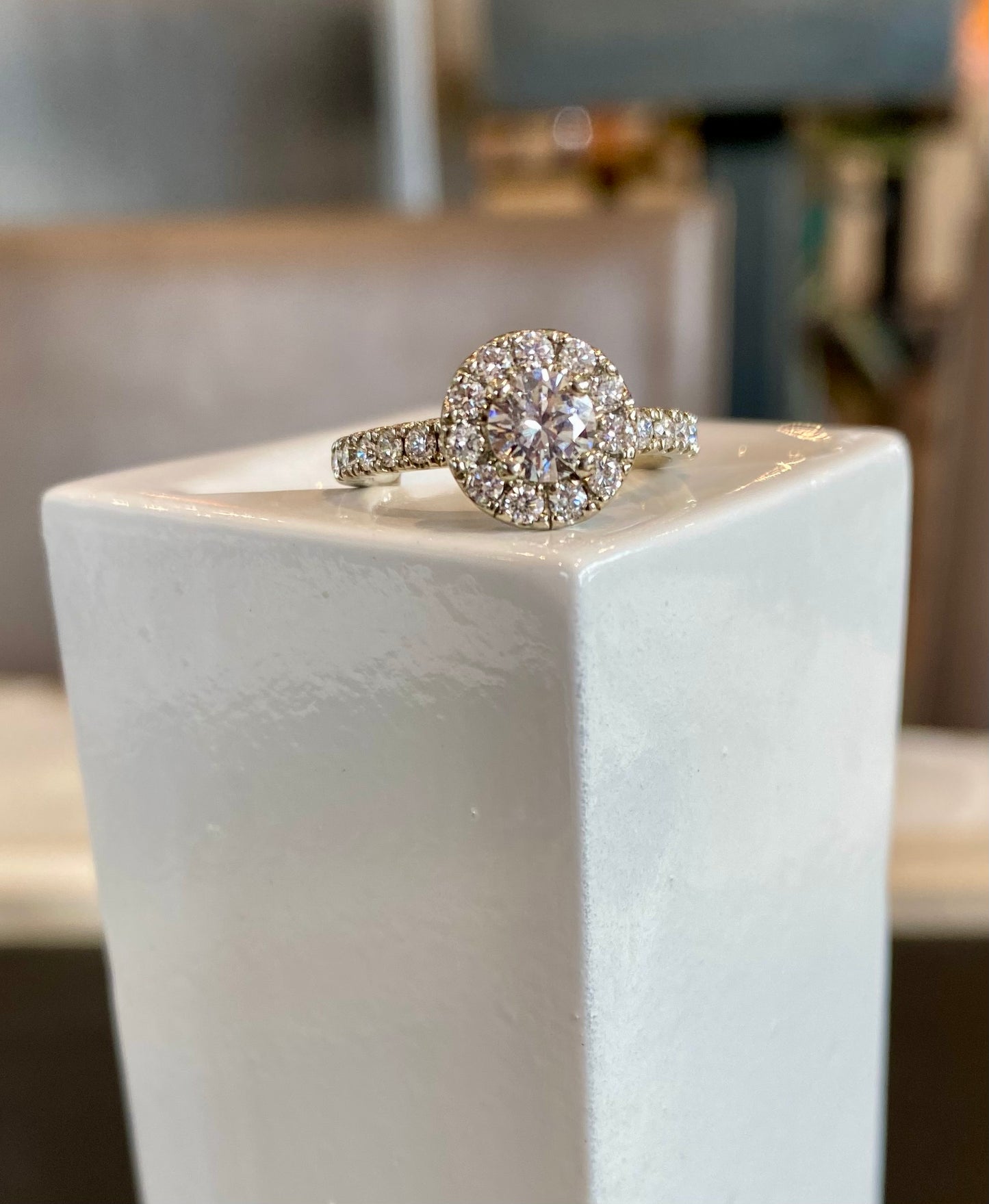 18KW Round Brilliant Diamond Ring with Diamond Halo