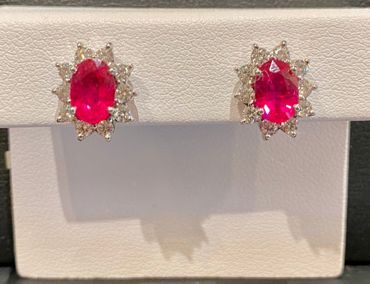 18KW OVAL RUBY AND DIAMOND HALO EARRINGS