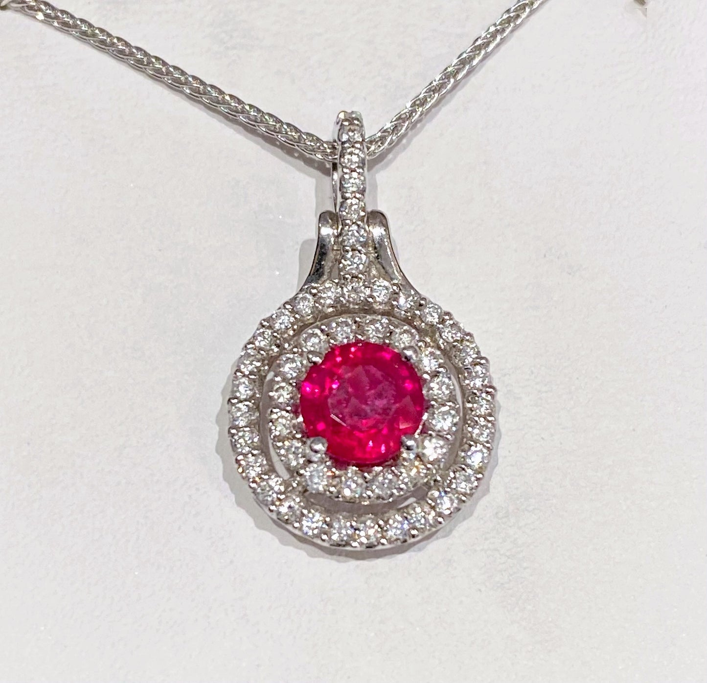 18KW RUBY .50CT, .30CTW DIA HALO PENDANT