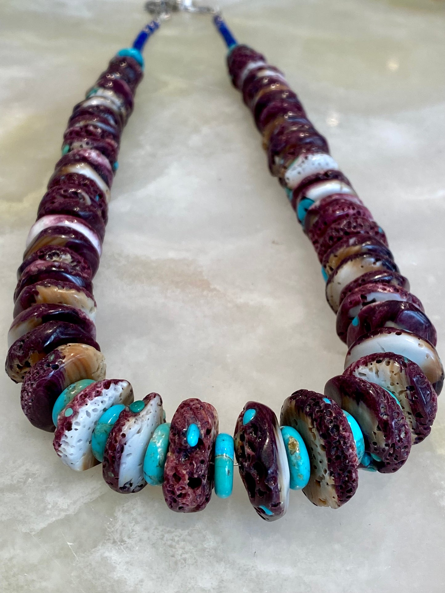 SPINY OYSTER, TURQOISE, AND LAPIS BEADED NECKLACE