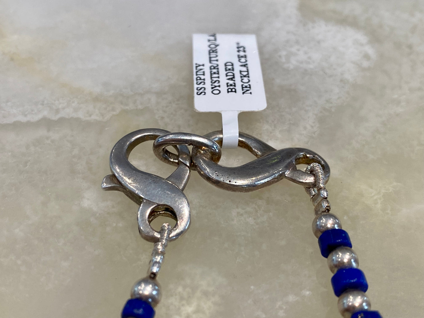 SPINY OYSTER, TURQOISE, AND LAPIS BEADED NECKLACE