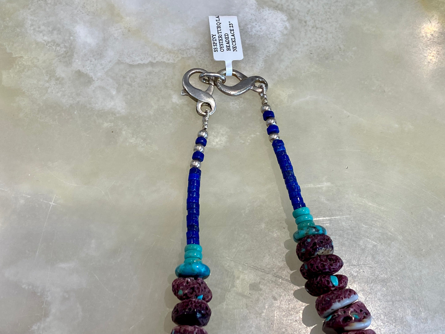 SPINY OYSTER, TURQOISE, AND LAPIS BEADED NECKLACE