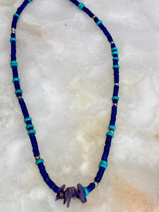 Lapis, Turquoise, and Charoite Beaded Necklace