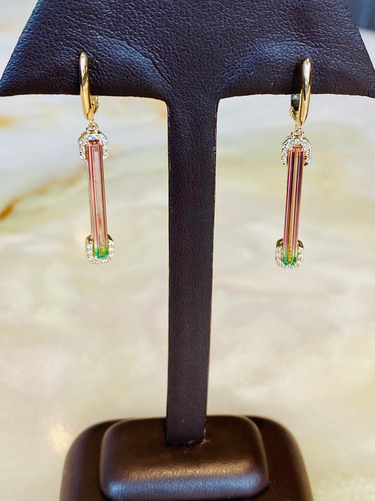 14KY BI-COLORED TOURMALINE AND DIAMOND EARRINGS