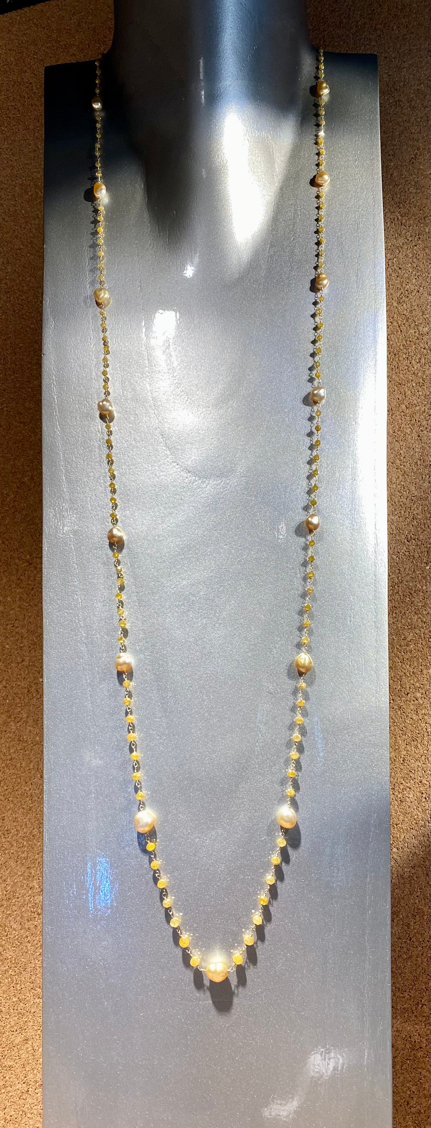18KY 96CT YEL DIA, 15EA GOLDEN KESHI PRL 46" NECKLACE