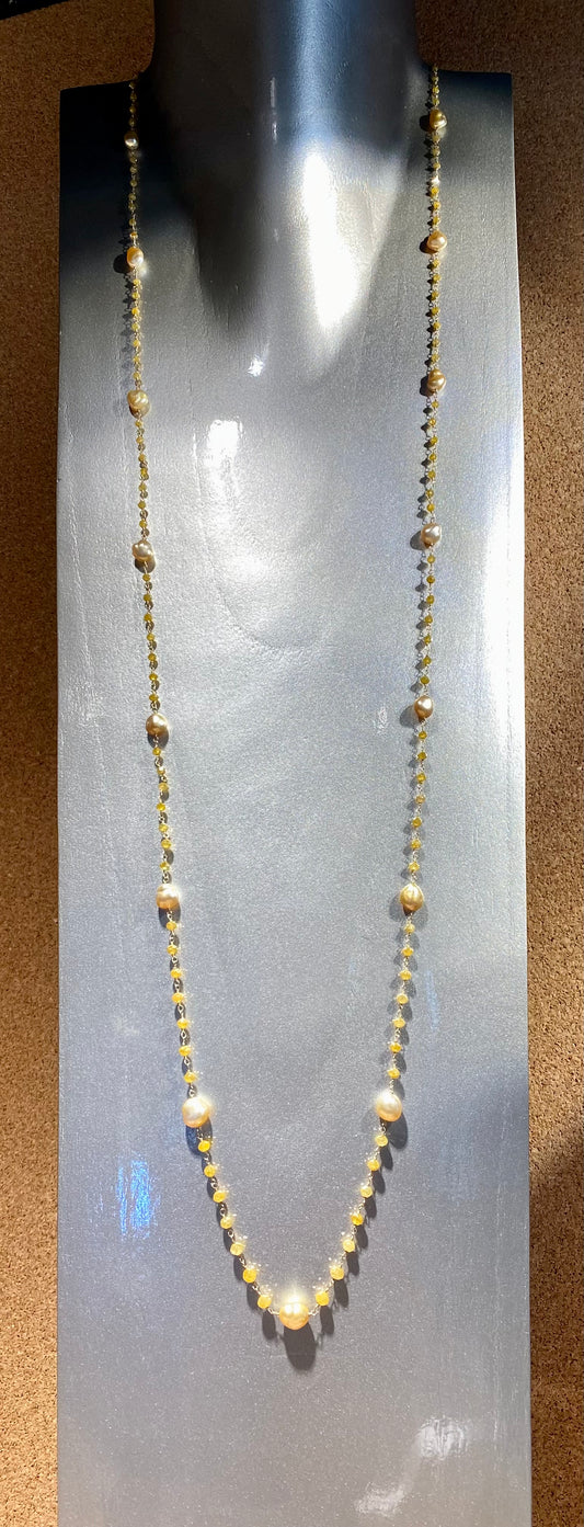 18KY 96CT YEL DIA, 15EA GOLDEN KESHI PRL 46" NECKLACE