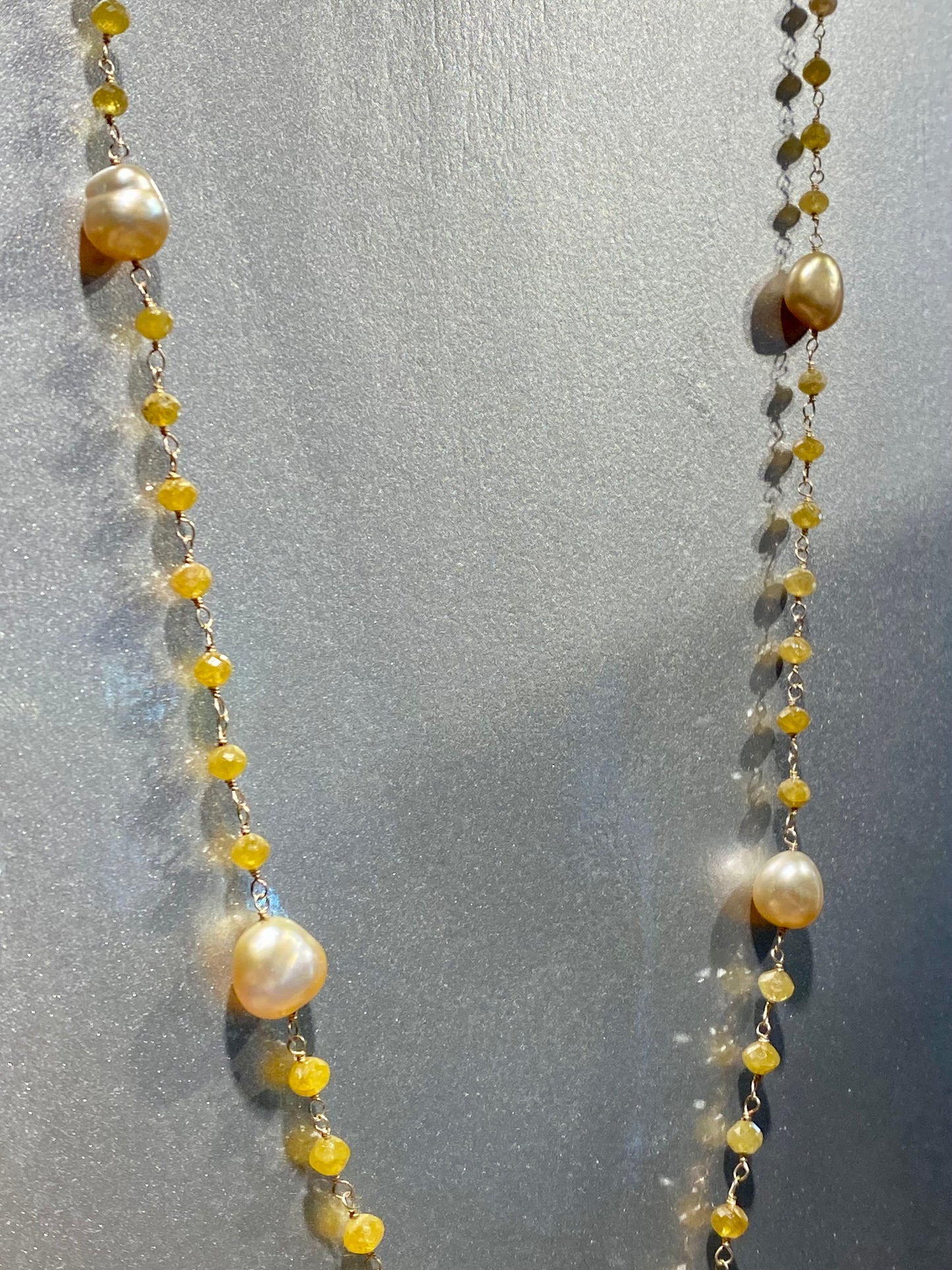 18KY 96CT YEL DIA, 15EA GOLDEN KESHI PRL 46" NECKLACE