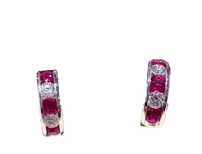18KW RUBY AND DIAMOND HALF MOON HUGGIE STUDS