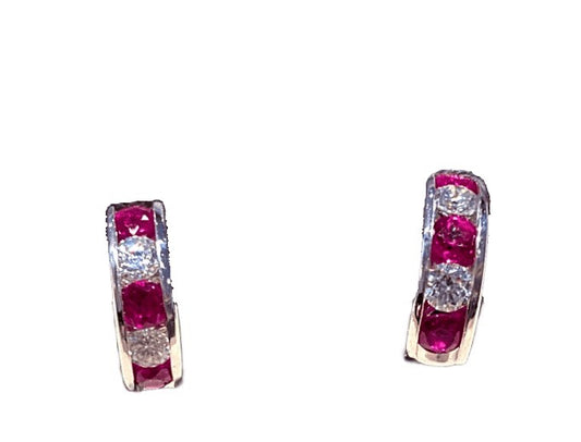 18KW RUBY AND DIAMOND HALF MOON HUGGIE STUDS
