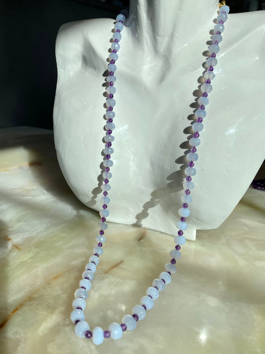 18KY Chalcedony & Amethyst Beaded Necklace