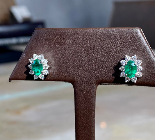 18K OVAL EMERALD EARRINGS WITH DIAMOND HALO