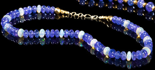 18KY ETHIOPIAN OPAL, TANZANITE BEADED NECKLACE