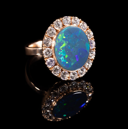 18KR BLACK OPAL RING WITH DIAMOND HALO