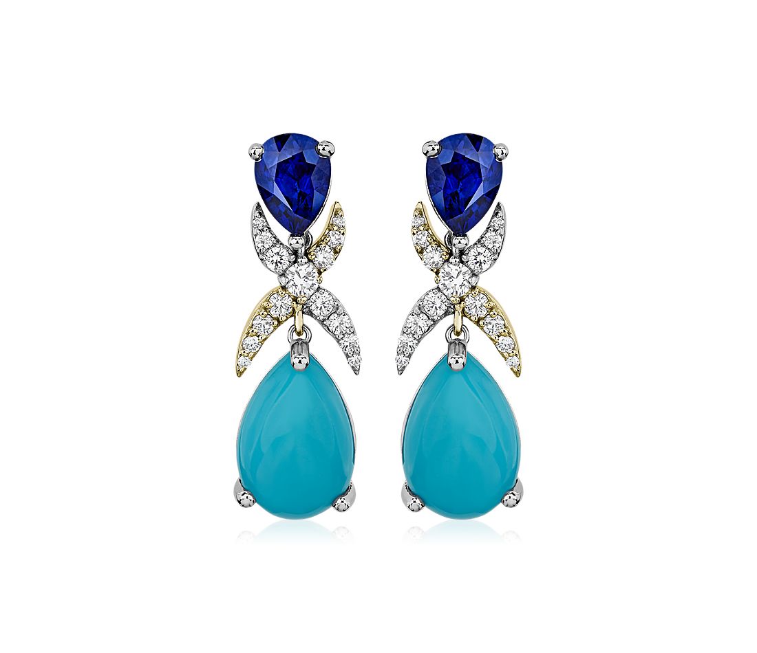 18K Sapphire, Diamond, and Turquoise Drop Earrings