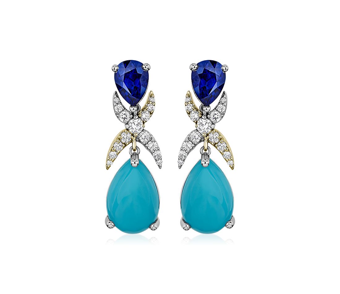 18K Sapphire, Diamond, and Turquoise Drop Earrings