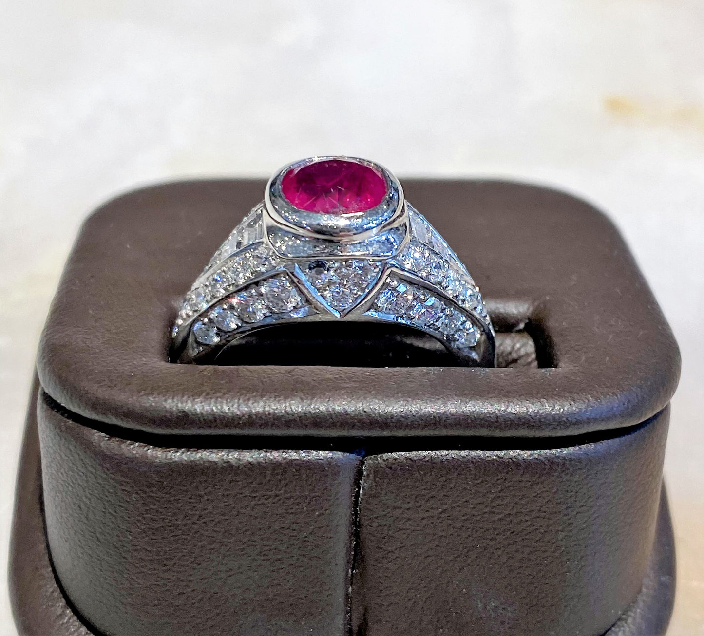 PLAT 1.95CT CUSH RUBY 1.18CTW DIAMOND RING SZ5.5