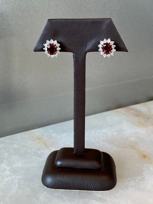 18KW  CUSHION CUT RED SPINEL EARRINGS WITH DIAMOND HALO