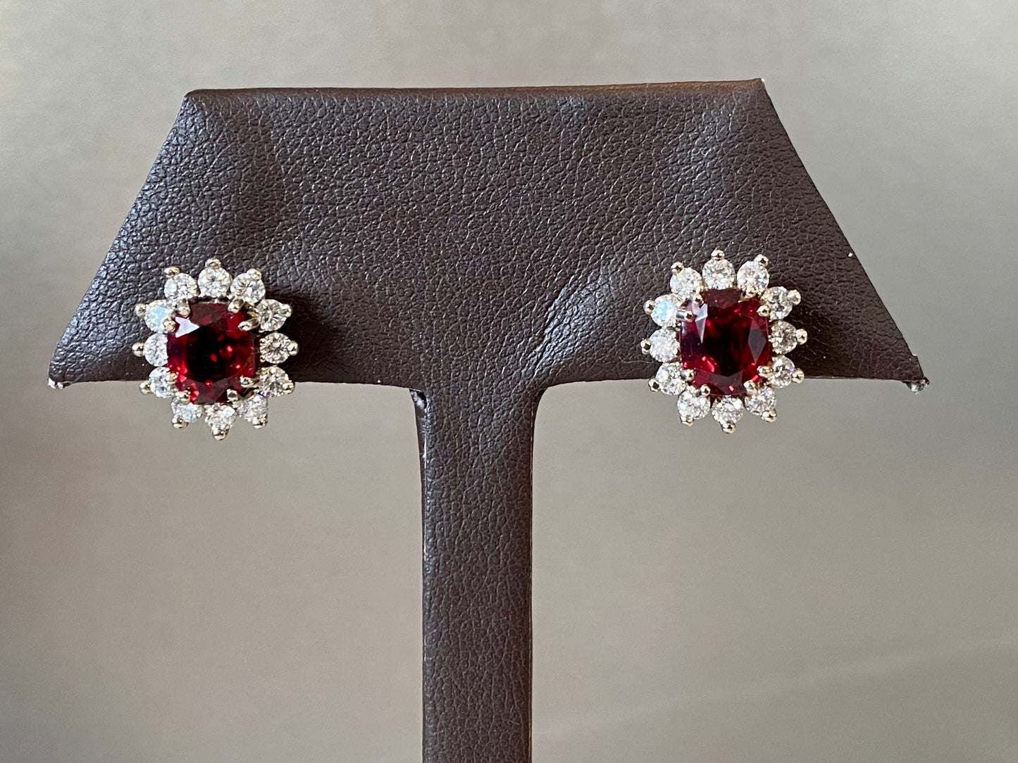 18KW  CUSHION CUT RED SPINEL EARRINGS WITH DIAMOND HALO