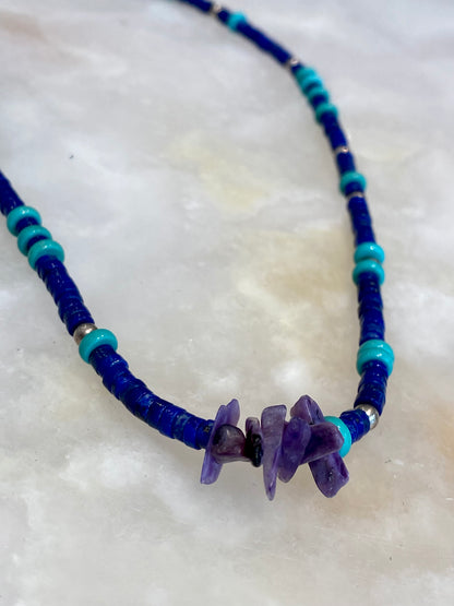 Lapis, Turquoise, and Charoite Beaded Necklace