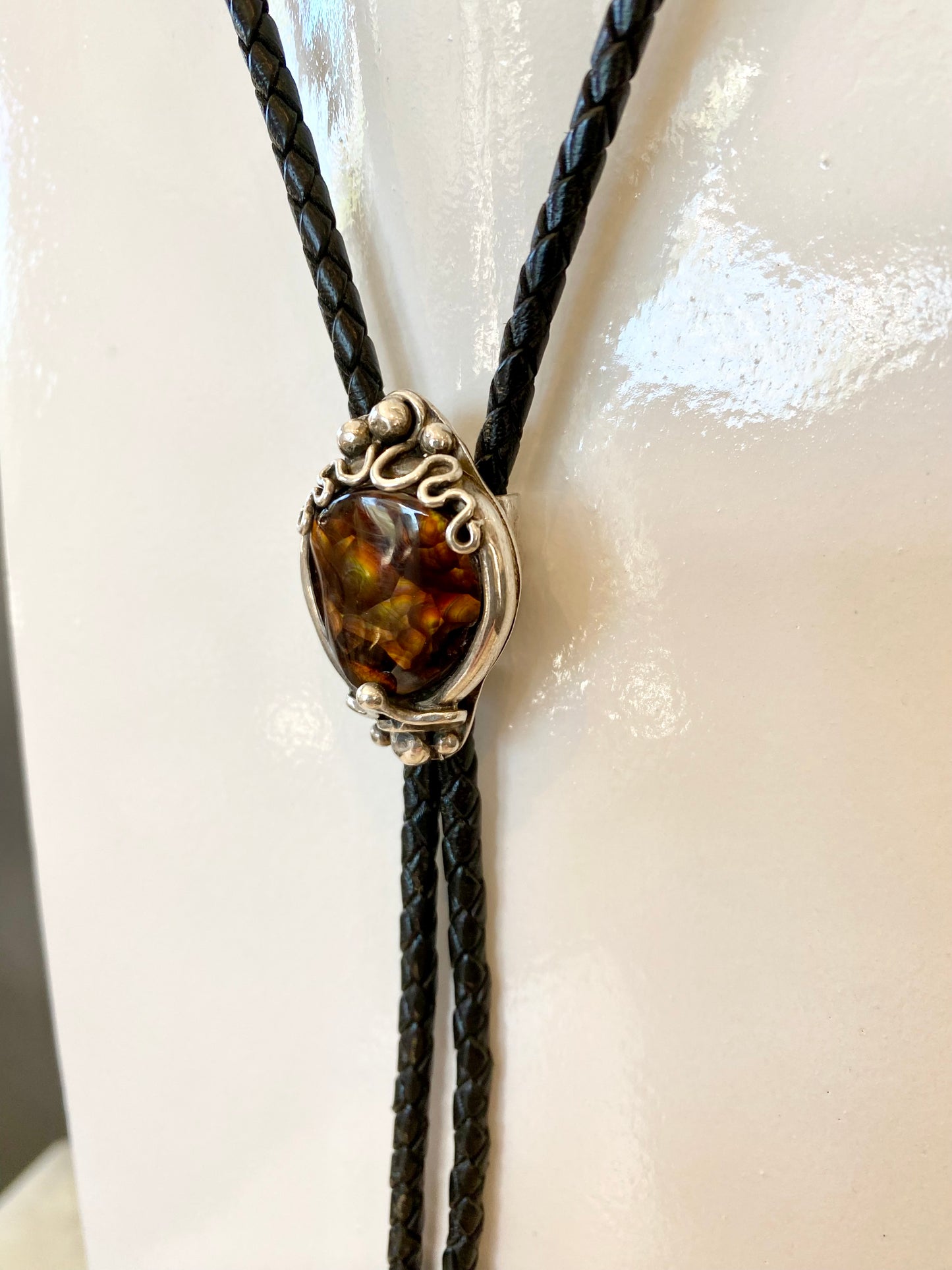 Leather Bolo Tie with Fire Agate Slide