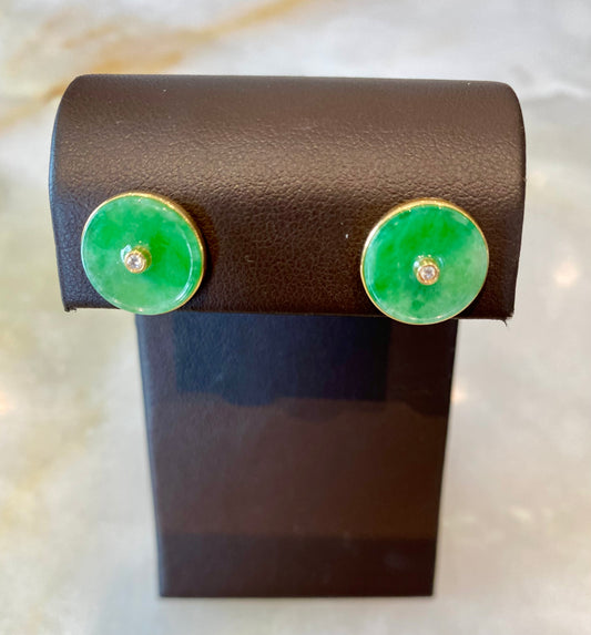 18KY GREEN JADE, DIAMOND DISC EARRINGS