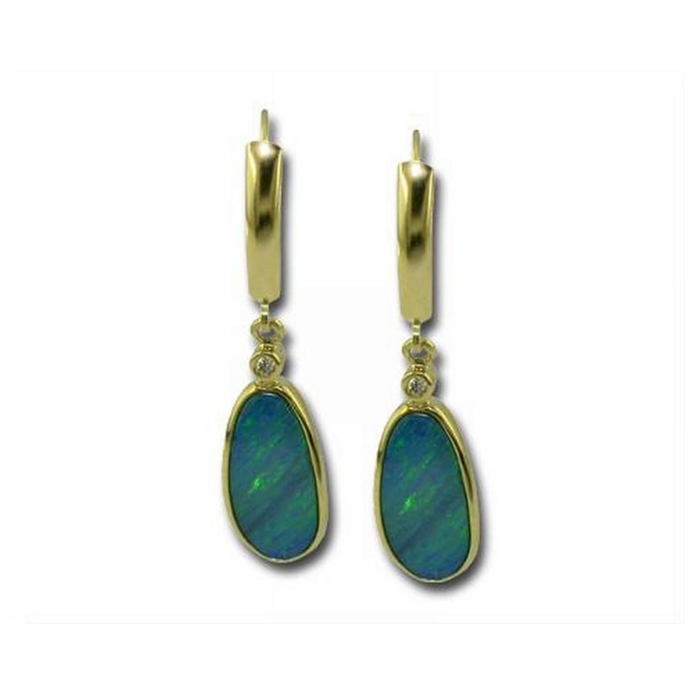 14K Australian Opal, Diamond Bezel Earrings