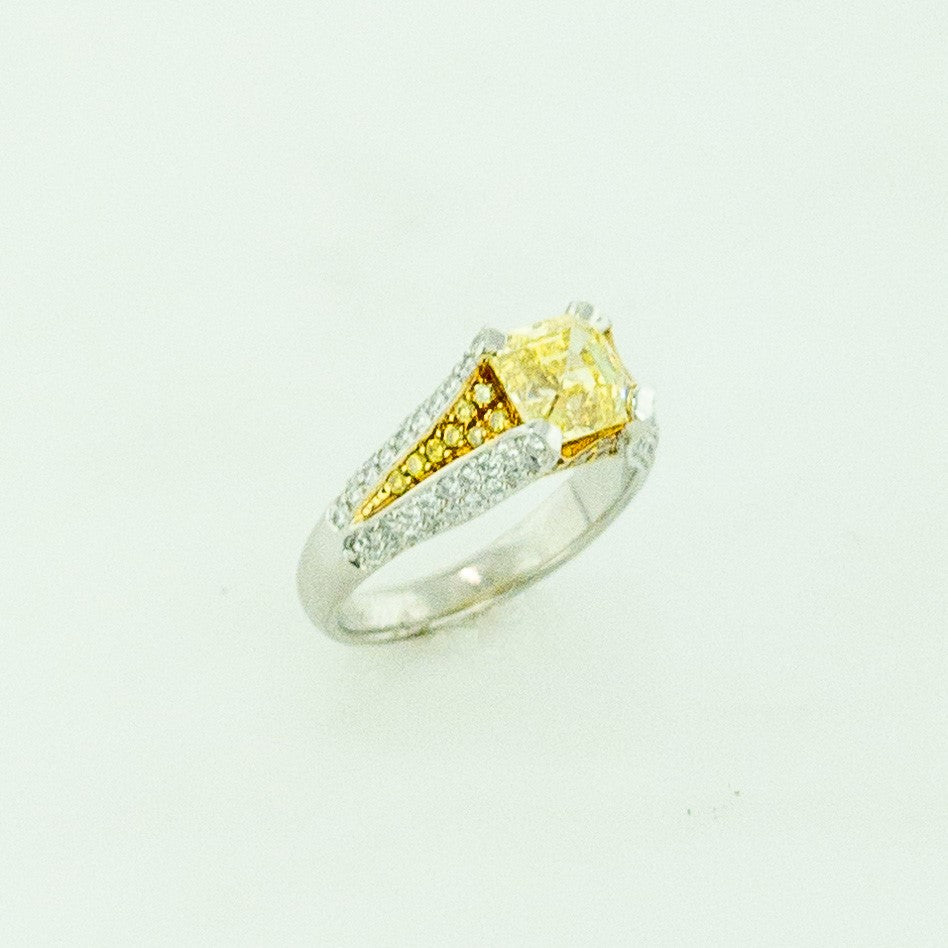 Platinum Natural Square Emerald Cut Yellow Diamond Ring