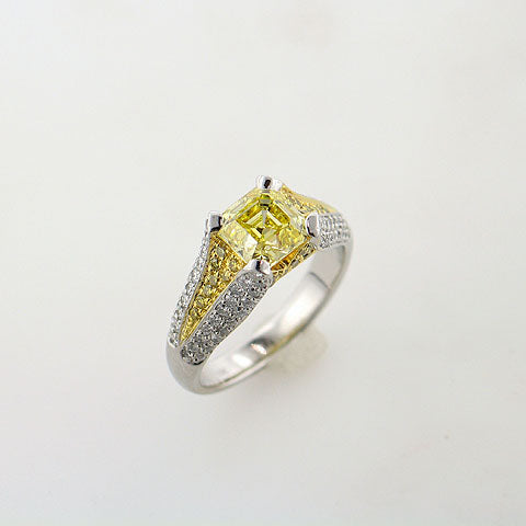 Platinum Natural Square Emerald Cut Yellow Diamond Ring