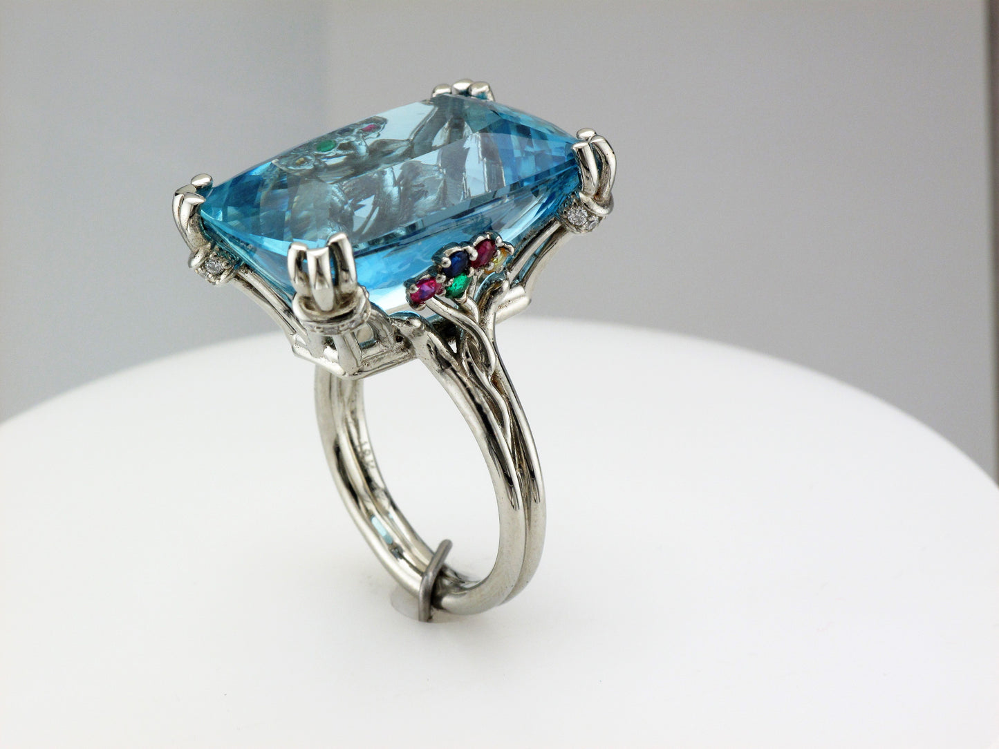 18KW Aquamarine Ring with Diamond, Sapphire, Ruby and Emerald Accents