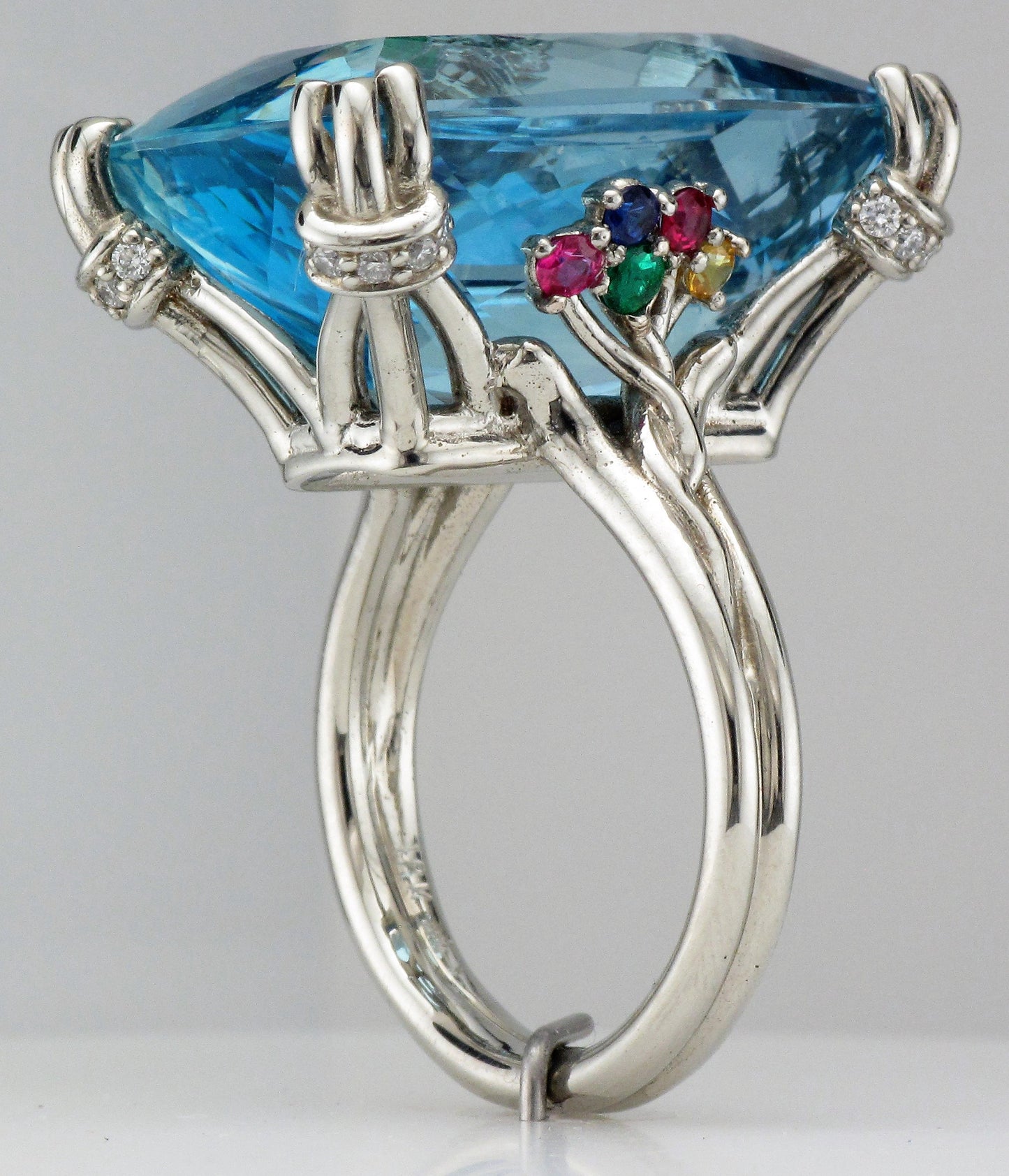 18KW Aquamarine Ring with Diamond, Sapphire, Ruby and Emerald Accents