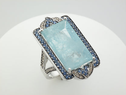 18KW Aquamarine Ring with Sapphire and Diamond Accents