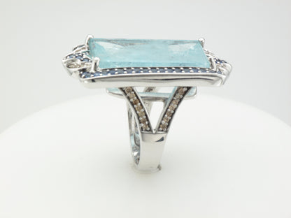 18KW Aquamarine Ring with Sapphire and Diamond Accents