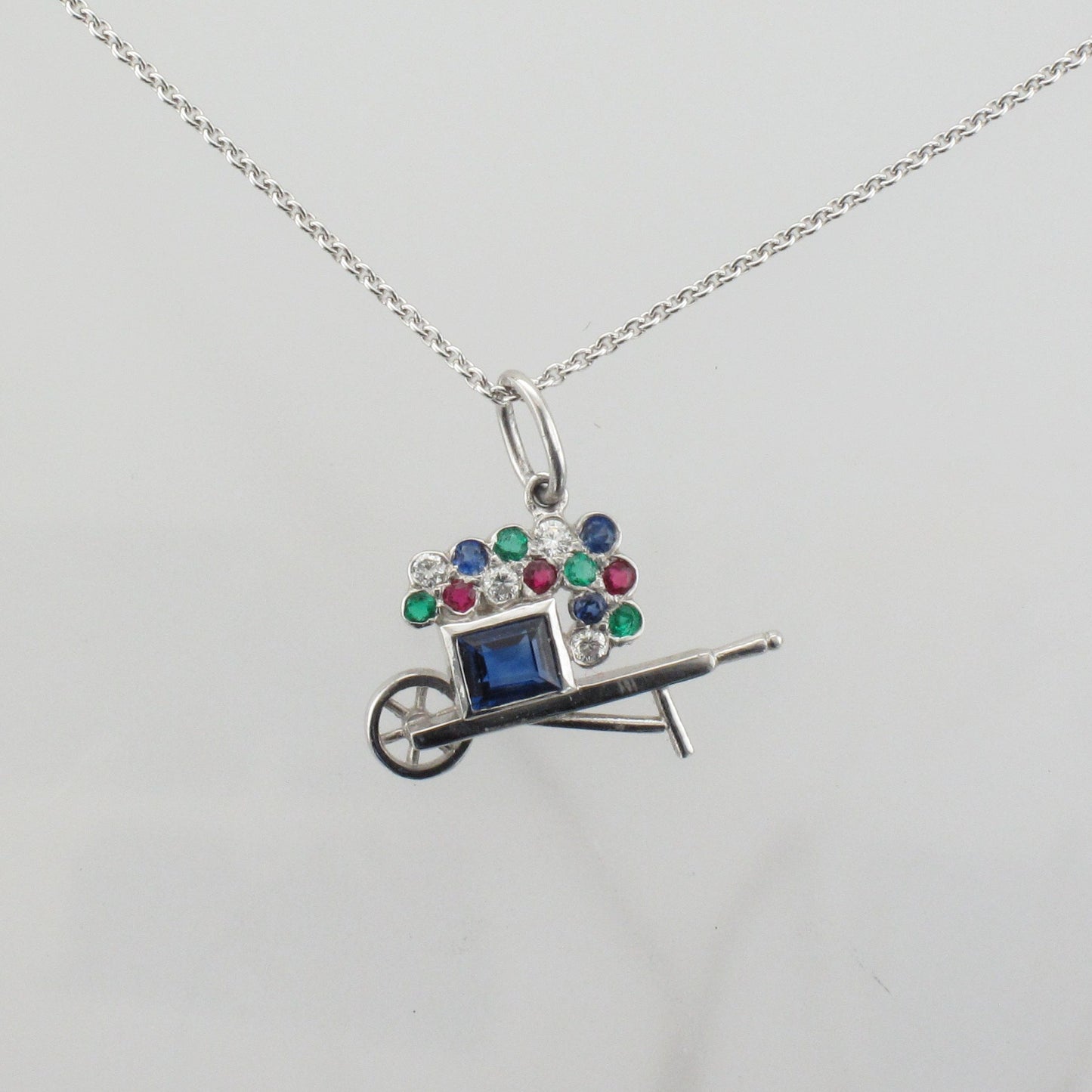 Platinum Wheelbarrow Pendant with Multi-colored Stones