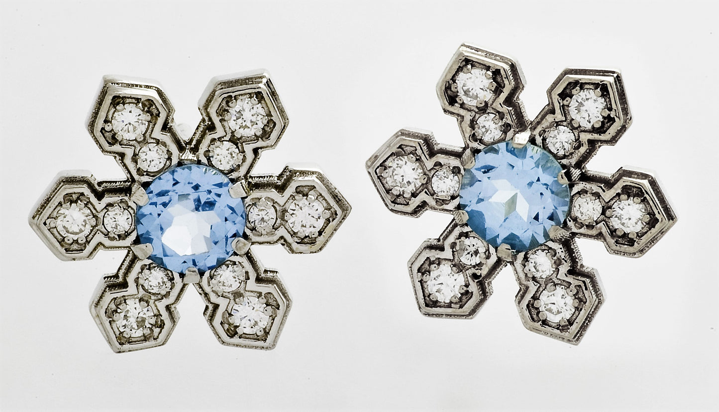 White Gold Aqua and Diamond Snowflake Earrings