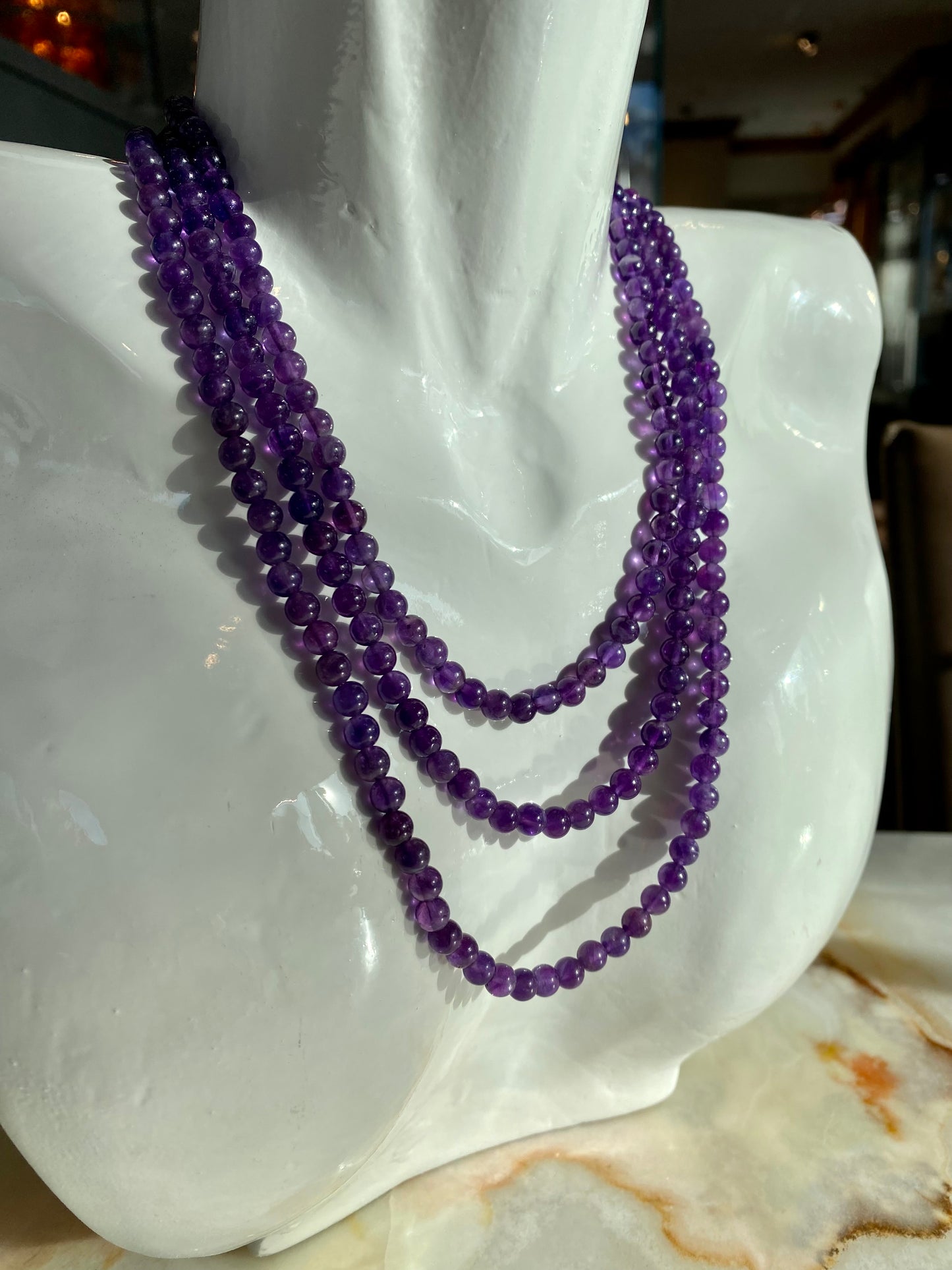 SS AMETHYST 3 STRAND BEADED NECKLACE