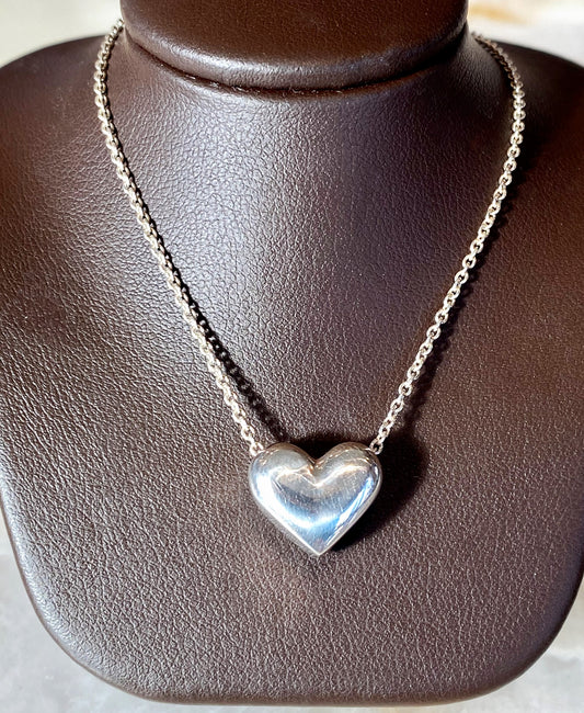 Silver Hollow Puff Heart Necklace