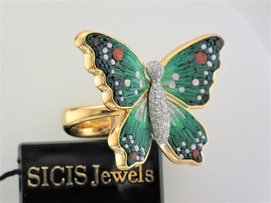 18KY .35CTW DIA, GRN MICRO MOSAIC BUTTERFLY RING SZ7